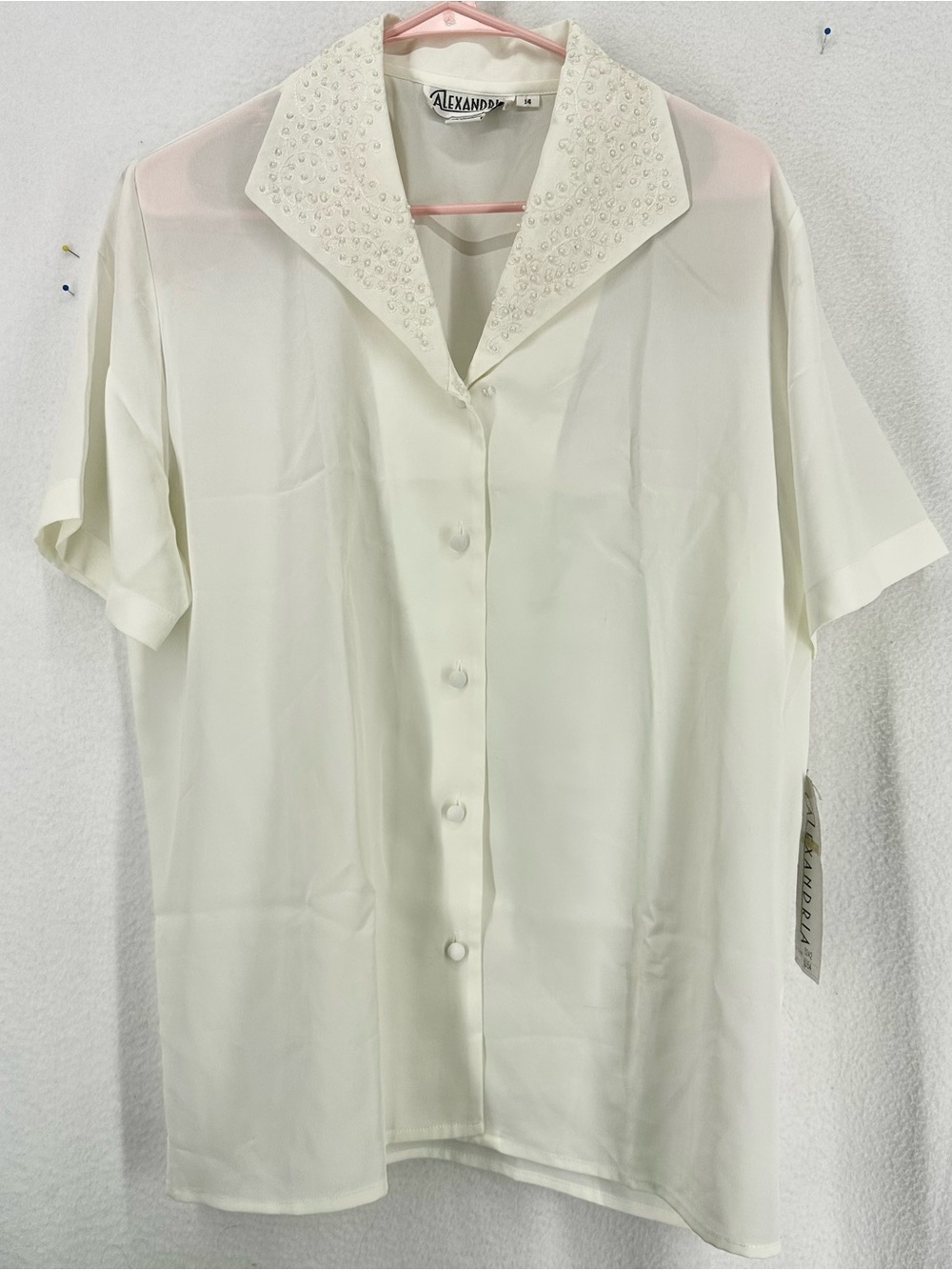 Alexandria NWT White Beaded Collar Blouse Women’s Size 14 Vintage Button Up